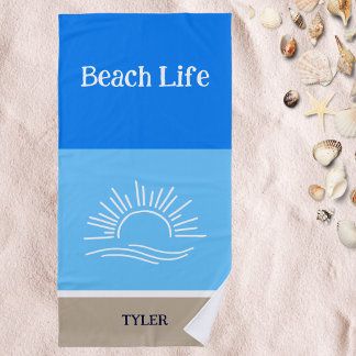 Toalha De Praia Chic Name Tan and Light Blue Strike Sea