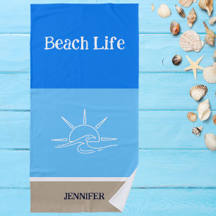 Toalha De Praia Chic Name Tan White and Blue Stripes