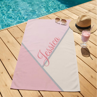 Toalha De Praia Chic Rosa Pastel Moderno Geométrico Nome Personali