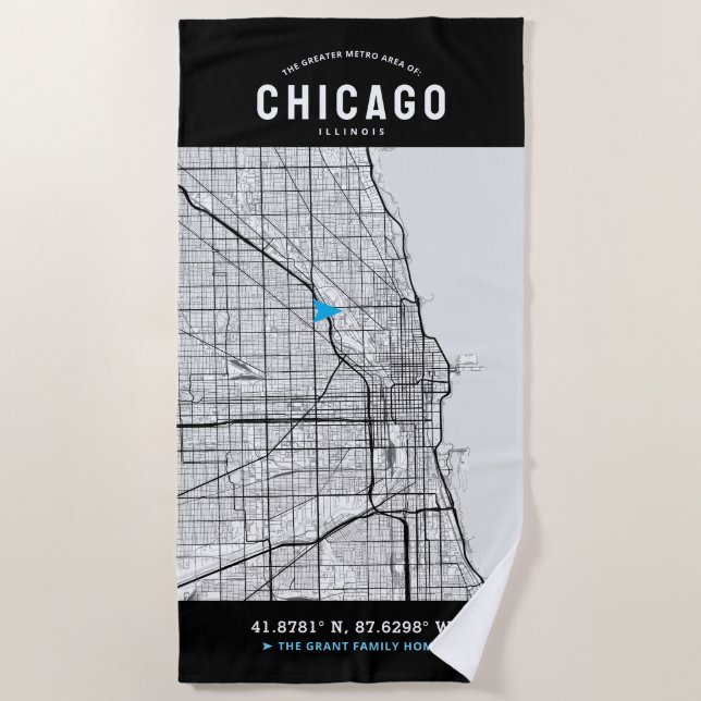 Toalha De Praia Chicago, Mapa da Cidade de Illinois + Sua Localiza (Frente)