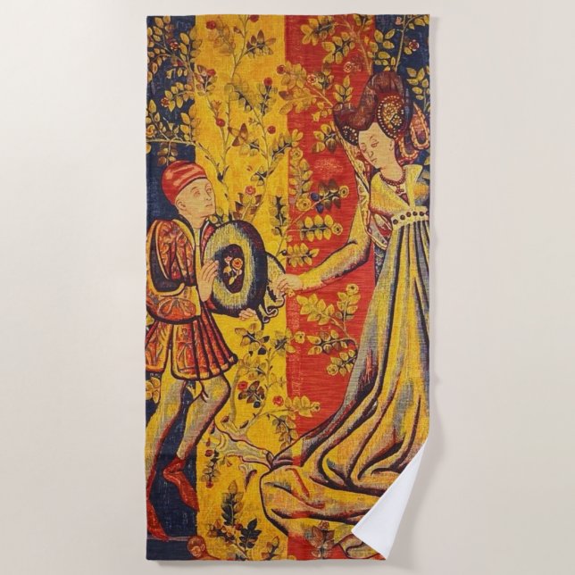 Toalha De Praia Chinoiserie amarela azul-vermelha medieval italian (Frente)