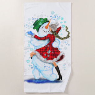 Toalha De Praia Christmas Beach Towel Snowman e Girl Dancing