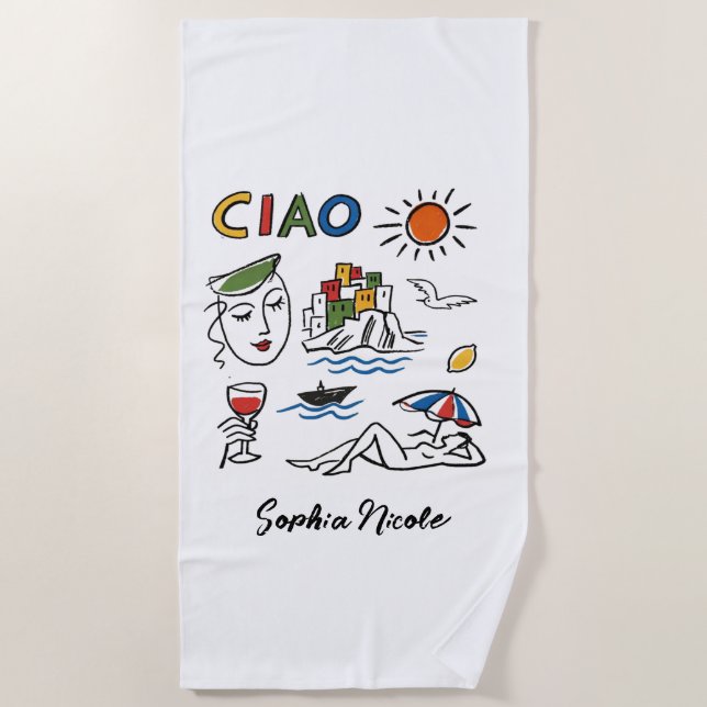 Toalha De Praia Ciao! Italian Amalfi Coast Hand Drawn Custom Name (Frente)