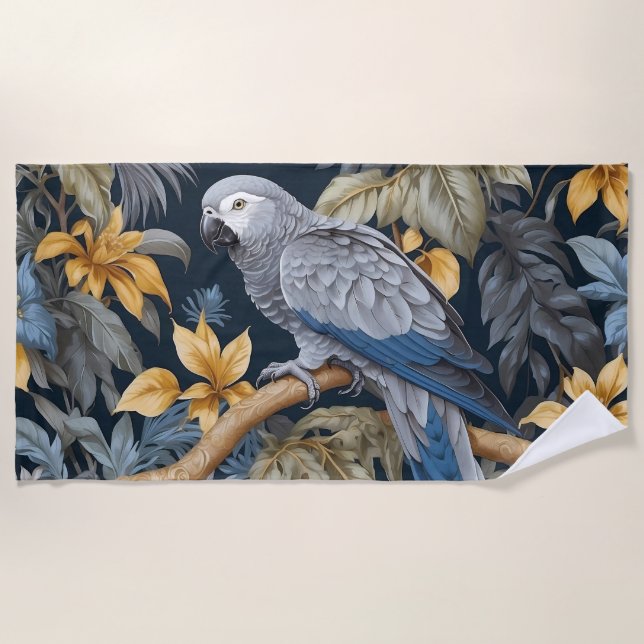 Toalha De Praia Cinza Africana Folhas Tropicais (Frente)