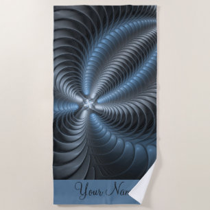 Toalha De Praia Cinza Azul Plástico 3D Fractal Modern Nome