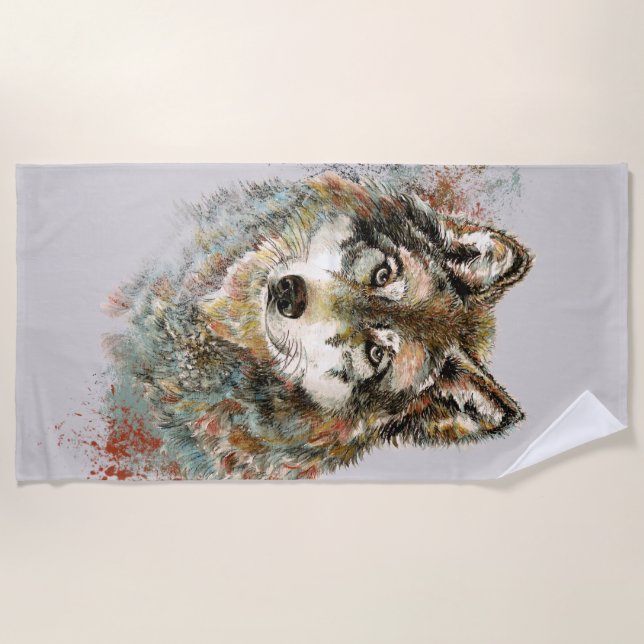 Toalha De Praia Cinza de Aquarelas Wolf Animal Willife Nature Art (Frente)