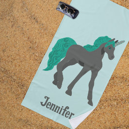 Toalha De Praia Cinza e Teal Unicórnio Personalizado