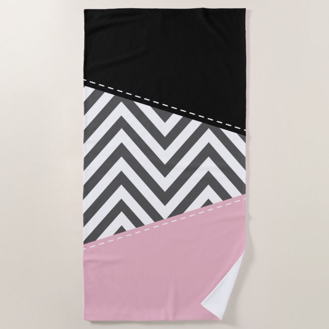 Toalha De Praia Cinza Zigzag, Cinza Chevron, Zigzag Patterno, Rosa (Frente)