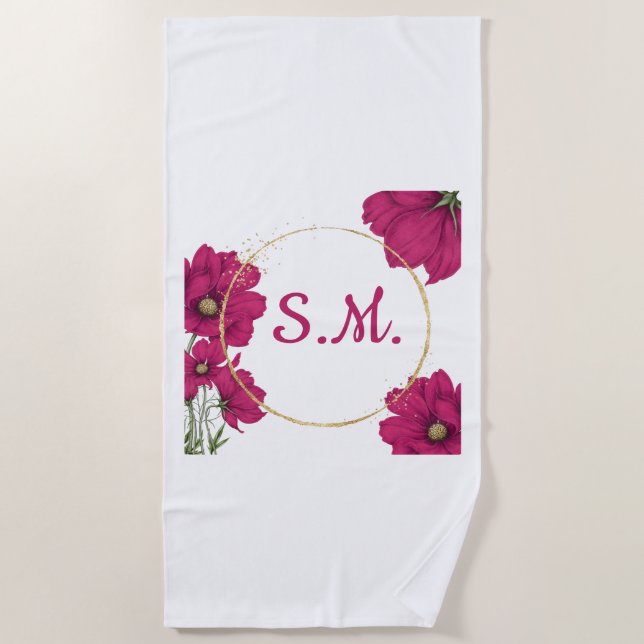 Toalha de Praia Círculo Dourado Floral Rosa (Frente)