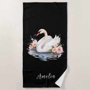 Toalha De Praia Cisne Negro Floral Aquarela Elegante Nome Único