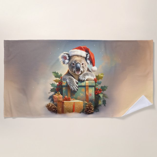 Toalha De Praia Coala de Natal com presentes e azevinho (Frente)