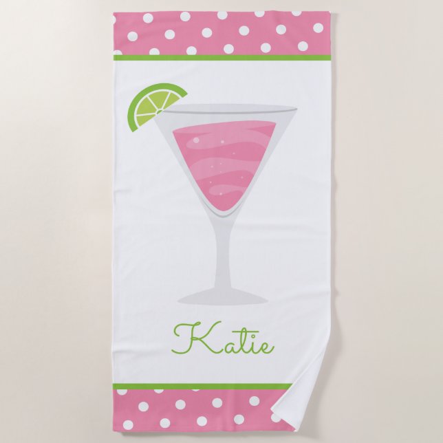 Toalha De Praia Cocktail de Bolinhas rosa personalizado BeachTowel (Frente)