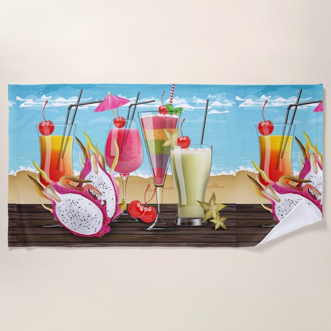 Toalha De Praia Cocktails de Verão (A vibrant beach towel design showcases a refreshing array of tropical cocktails.)