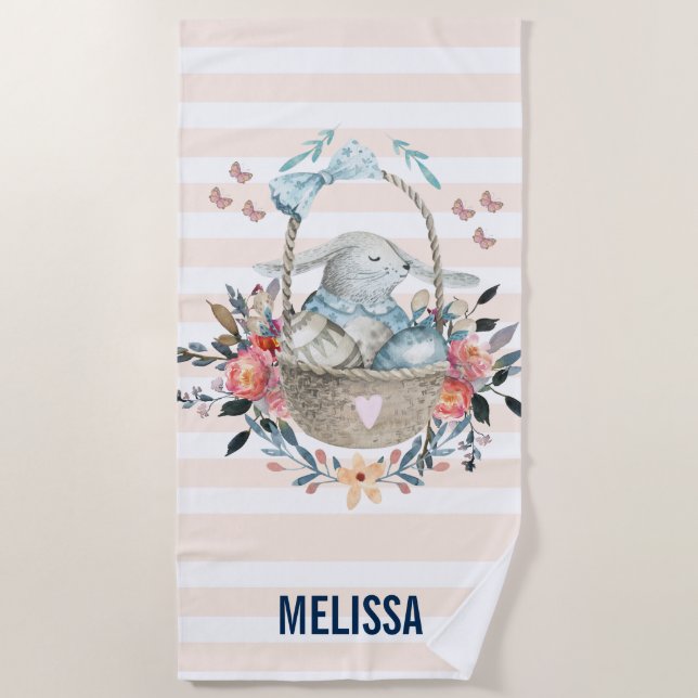 Toalha De Praia Coelhinho bonito em uma cesta com ovos e flores Bo (Frente)