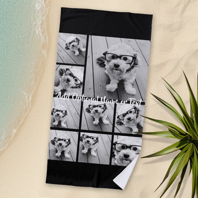 Toalha De Praia Colagem ao Quadrado de Fotos Preto 9 - com branco  (Personalized Beach Towel - Photo Collage with area for monogram or text)
