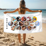 Toalha De Praia Colagem de Fotografias Múltiplas Simples Personali<br><div class="desc">Colagem de Fotografias Múltiplas Simples Nome Personalizado Hexagon Pattern Custom Beach Towel apresenta uma colagem fotográfica das suas fotografias favoritas em forma de hexágono. Personalizado com seu nome na base. Perfeito para o aniversário, Natal, Dia de as mães, Dia de os pais, Avós, irmão, irmã, melhor amigo e muito mais....</div>