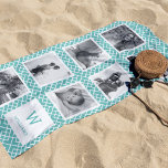 Toalha De Praia Colagem de Fotos Preta e Branca | Monograma de Aqu<br><div class="desc">Mostra sete fotos favoritas ou memórias de férias em nossa toalha de praia, com um layout enfiado e fotos quadradas. Perfeito para seus snapshots do Instagram, a toalha apresenta 7 modelos de fotos, assim como seu monograma inicial de solteiro e nome da família, contra um fundo com padrão de latência...</div>