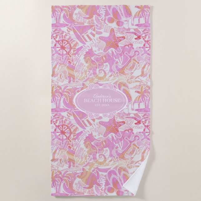 Toalha De Praia Colagem de praia náutica, rosa-quente, ID840 (Frente)