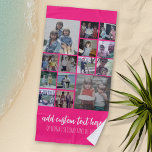 Toalha De Praia Colagem do Instagram - Script de 14 fotos - Rosa Q<br><div class="desc">Um design com um fundo rosa quente e um local para adicionar texto em um script de tendência. Use até catorze fotos quadradas para criar um presente exclusivo e pessoal. Se precisar ajustar as fotos,  clique na ferramenta personalizar para fazer alterações.</div>