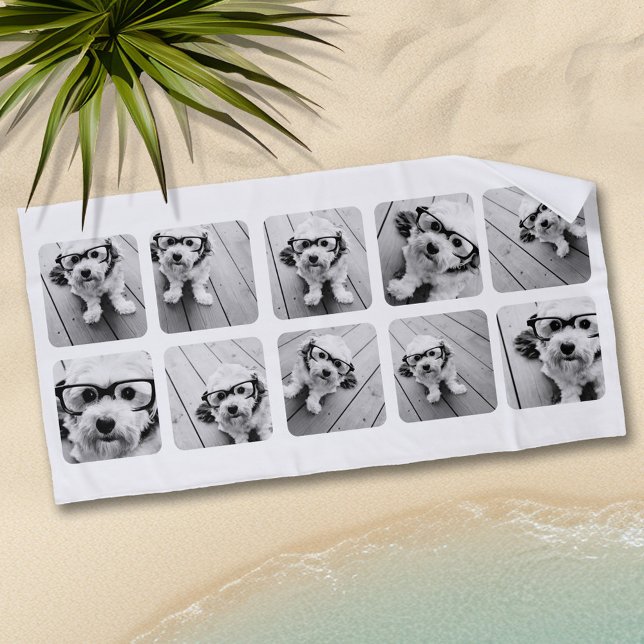 Toalha De Praia Colagem personalizada de 10 fotos com quadros arre (Personalized Beach Towel - Add Photos and Text)