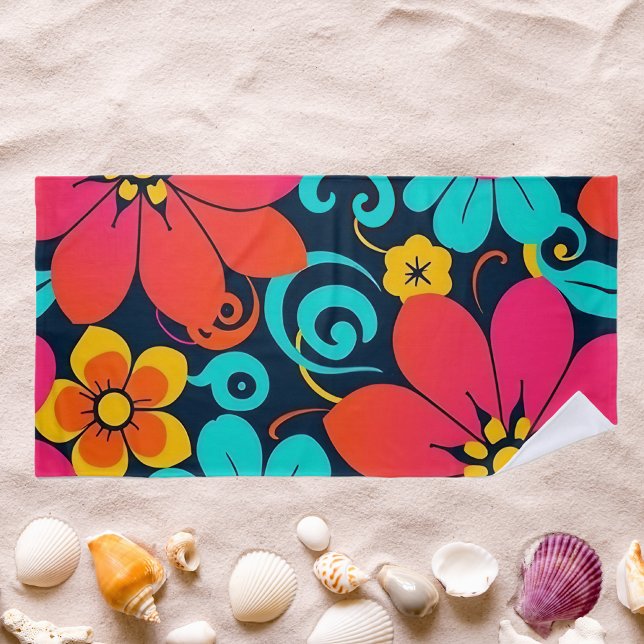 Toalha De Praia Coleção de Flores Retrorreflectoras De Dopamina (Dopamine Decor-Bright Retro Flowers-Collection Beach Towel)