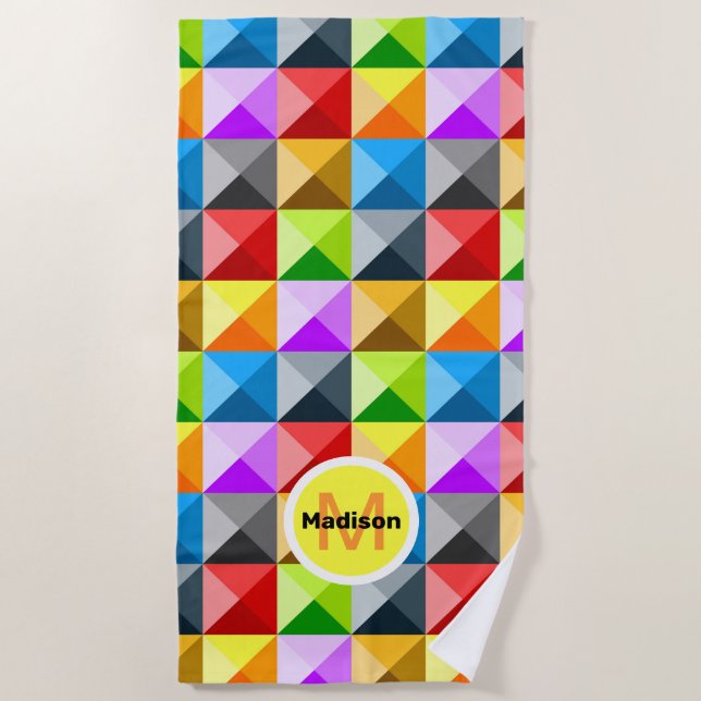 Toalha De Praia Coloração Padrão geométrico Colorido Monograma (Frente)