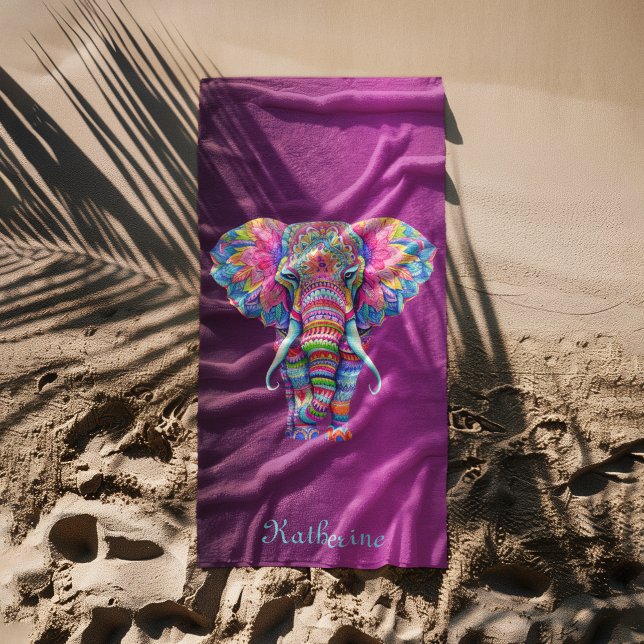 Toalha De Praia Colorful Mandala Elephant with Customized Name (Criador carregado)