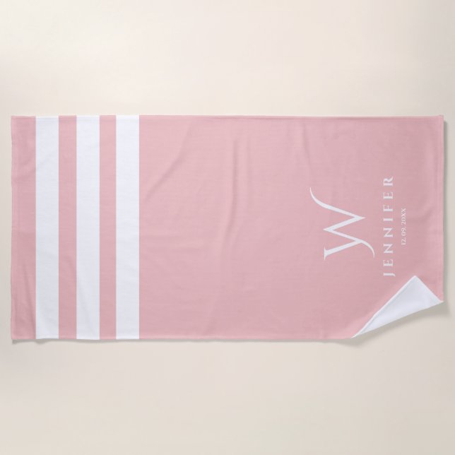 Toalha de Praia com Listras Rosa Bebê Personalizad (Frente)