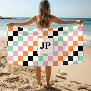 Toalha de Praia com Monograma em Xadrez Retro Pres
