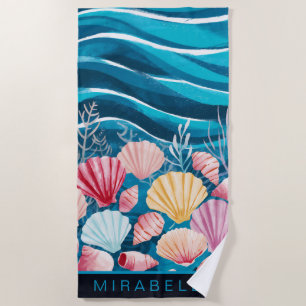 Toalha De Praia Conchas bonito e Ondas Azuis Personalizadas