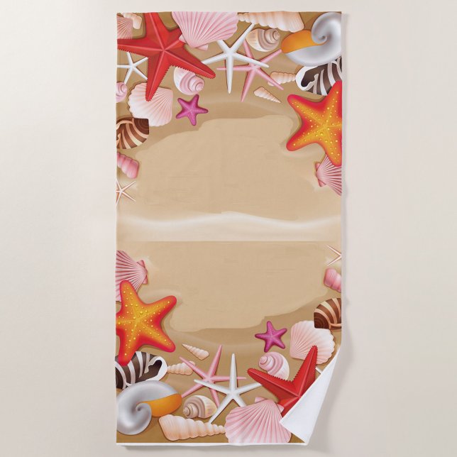 Toalha de Praia Conchas Costeiras e Estrelas-do-Ma (“Shells, sun, and summer fun — the perfect towel for ocean lovers.”)