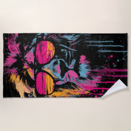 Toalha De Praia Cool Lion with Sunglasses Neon Pop Art