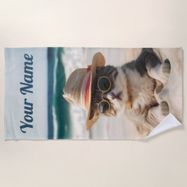 Toalha De Praia Coole Katze am Strand mit Sonnenbrille und Hut -
