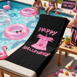 Toalha De Praia Coquette Rosa Fantasma Feliz Halloween Arte Digita