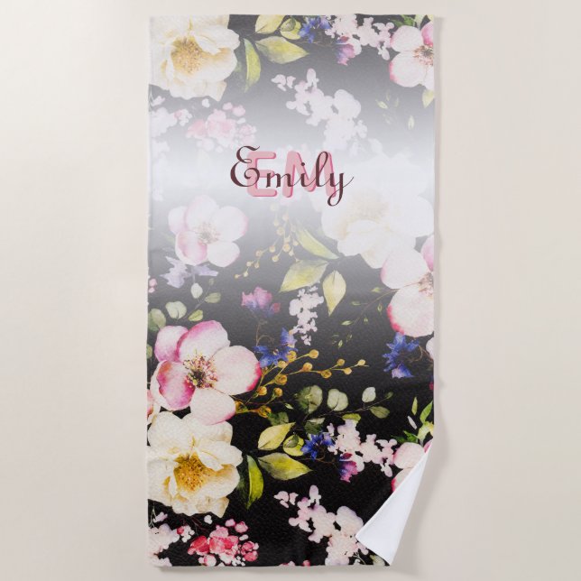 Toalha De Praia Cor d'água - rosada amarela roxas a preto, Monogra (Frente)