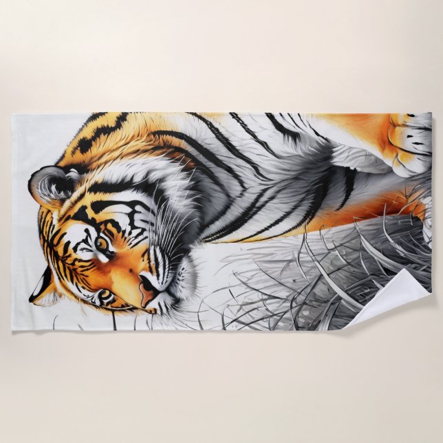 Toalha De Praia Cor de Arte Tigre Desenho Branco Parcial Preto (Frente)