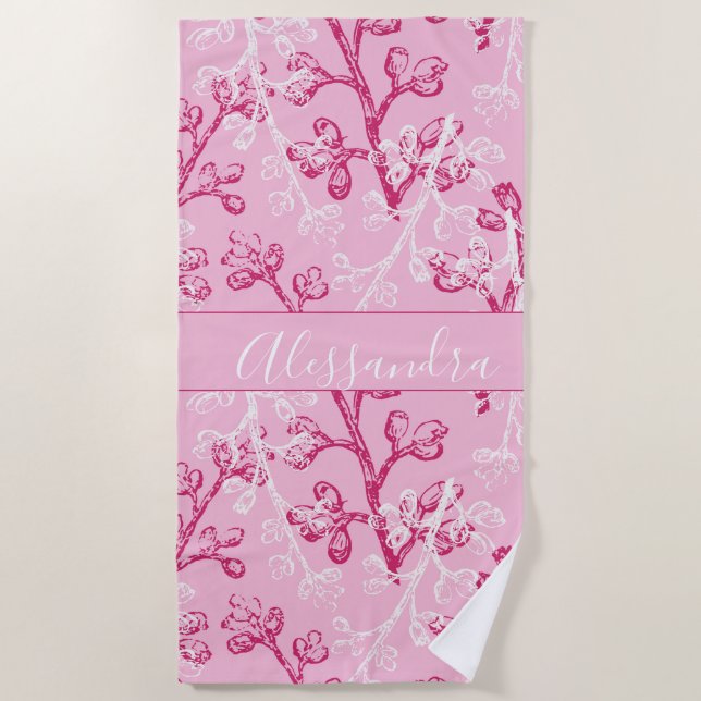 Toalha De Praia Cor de rosa botânico personalizada (Frente)