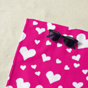 Toalha De Praia Corações de Giz Branco no Rosa de Fuchsia