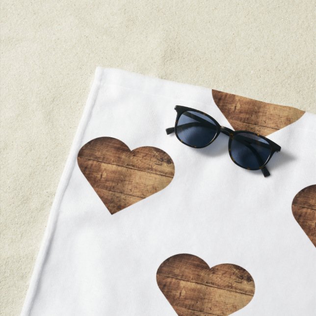 Toalha De Praia Corações de Madeira Marrom-Russo Simétrico Grande (In Situ)