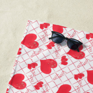 Toalha De Praia Corações vermelhos, texto, "ama-te", vermelho e br