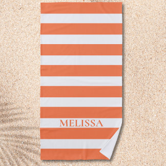 Toalha De Praia  Coral And White Striped Name Cabana Stripe 