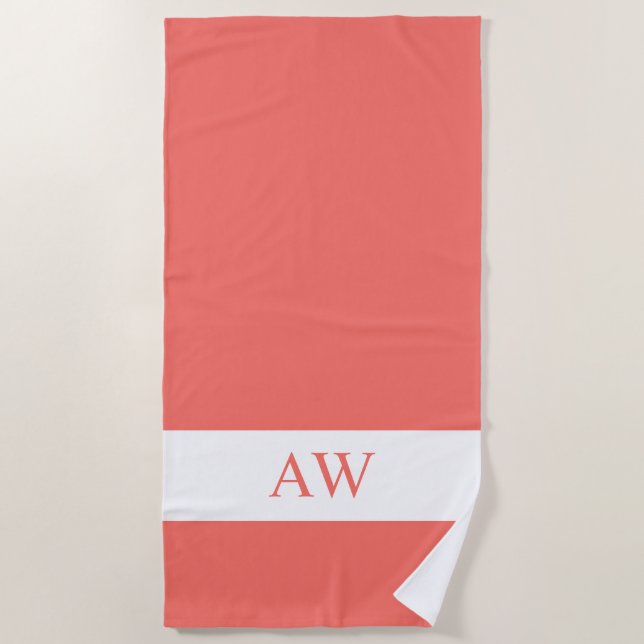 Toalha De Praia Coral Branco Elegante Monograma (Frente)