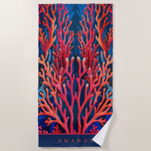 Toalha De Praia Coral Vermelho Vibrante Personalizado no Oceano Ve