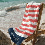 Toalha De Praia Cores Editáveis com Texto Branco Adicionar Nome<br><div class="desc">Toalha de praia em estilo náutico com um padrão de listras brancas com uma cor de fundo editável, clique no botão personalizar para acessar. Para alterar a cor do coral, selecione a cor do plano de fundo e altere sua cor. Para alterar a cor azul, selecione a camada de retângulo...</div>