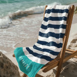 Toalha De Praia Cores Editáveis com Texto Branco Adicionar Nome<br><div class="desc">Toalha de praia em estilo náutico com um padrão de listras brancas com uma cor de fundo editável, clique no botão personalizar para acessar. Para alterar a cor azul, selecione a cor de fundo e altere a cor. Para alterar a cor da turquesa, selecione a camada do retângulo e altere...</div>