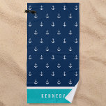 Toalha De Praia Cores Personalizadas Adicionar Nome Âncora Náutica<br><div class="desc">Toalha de praia em estilo náutico com um padrão de âncora branco com uma cor de fundo editável, clique no botão personalizar para acessar. Para alterar a cor azul, selecione a cor de fundo e altere a cor. Para alterar a cor da turquesa, selecione a camada do retângulo e altere...</div>