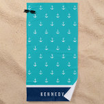 Toalha De Praia Cores Personalizadas Adicionar Nome Âncora Náutica<br><div class="desc">Toalha de praia em estilo náutico com um padrão de âncora branco com uma cor de fundo editável, clique no botão personalizar para acessar. Para alterar a cor da turquesa, selecione a cor de fundo e altere a cor. Para alterar a cor azul, selecione a camada de retângulo e altere...</div>