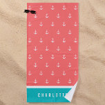 Toalha De Praia Cores Personalizadas Adicionar Nome Âncora Náutica<br><div class="desc">Toalha de praia em estilo náutico com um padrão de âncora branco com uma cor de fundo editável, clique no botão personalizar para acessar. Para alterar a cor do salmão coral, selecione a cor de fundo e altere a cor. Para alterar a cor da turquesa, selecione a camada do retângulo...</div>