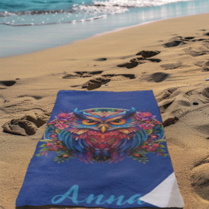 Toalha De Praia Coruja Vibrante - Boho Colorido com Nome Personali