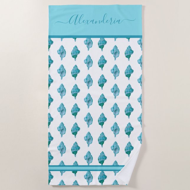 Toalha De Praia Costeira Seashell Tropical Teal Blue Beach Towel (Frente)